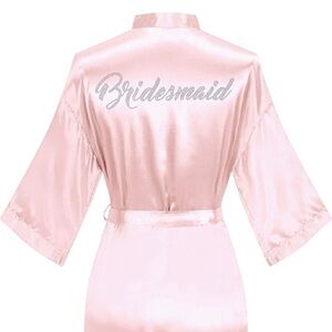 Women's Pink Bridesmaid Satin Kimono Short Robe with Rhinestones Bridal Robe